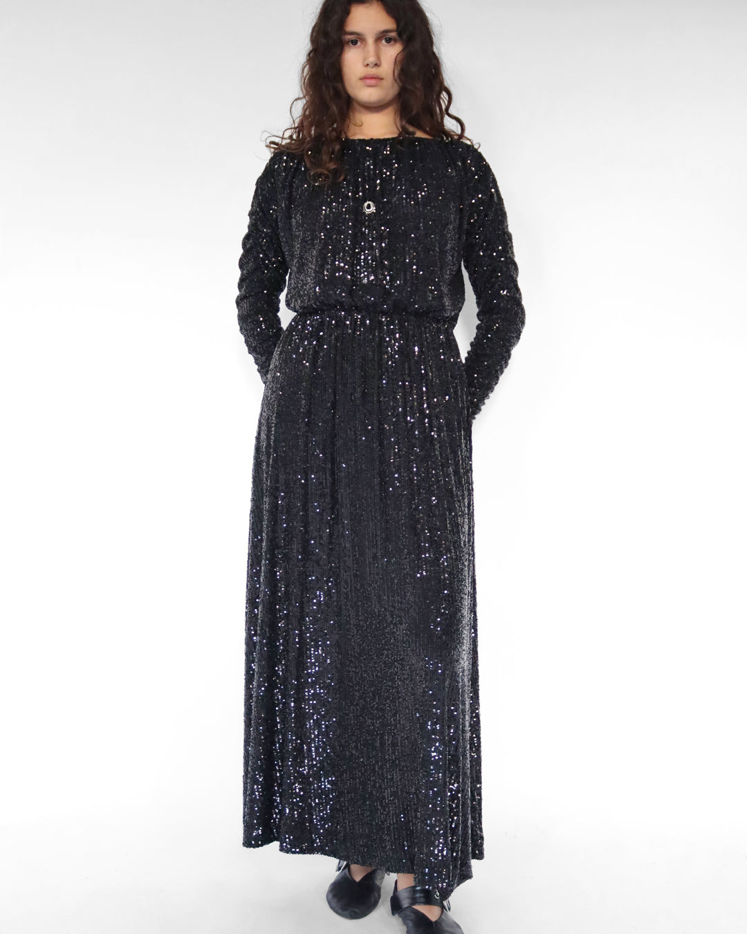 SAINT LAURENT long dress in black sequin stretch jersey – SEPT