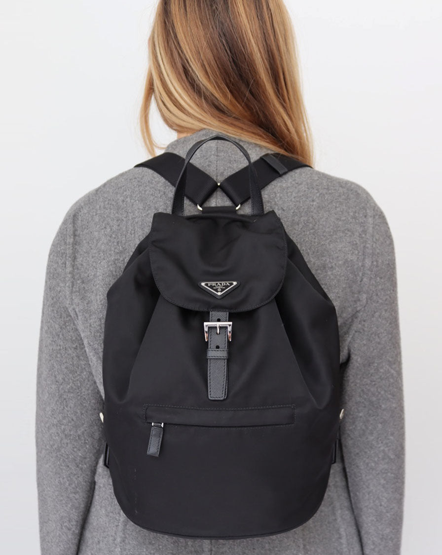 backpack leather women black pockets prada Vela tessuto backpack in black nylon and leather