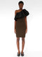 Winter 2011 one shoulder dress in dark green KNIT wool with black silk ruffle