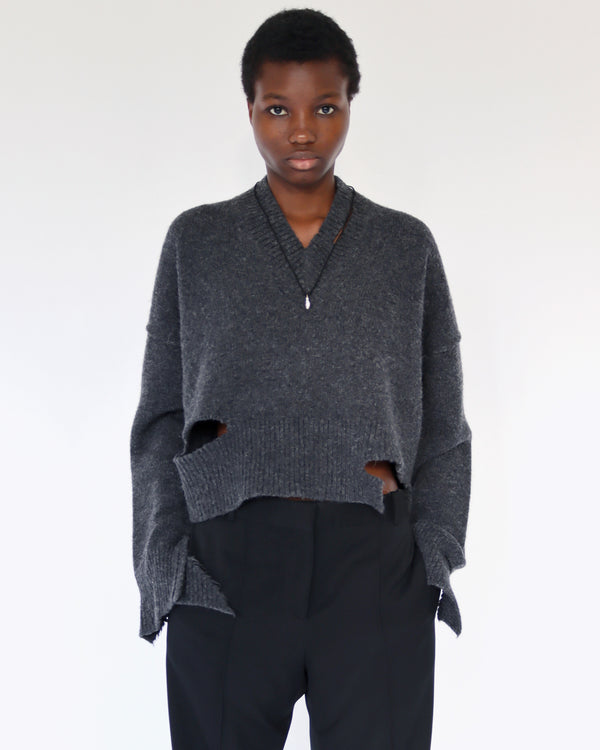 deconstructed cropped sweater in grey wool