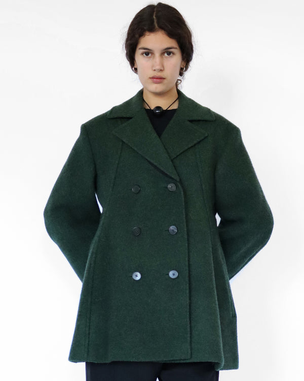 mid length coat in marled green fleece wool