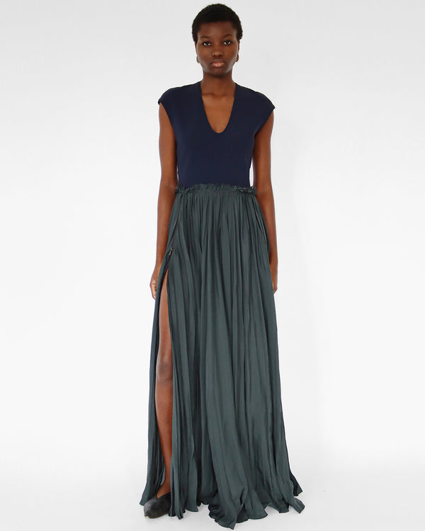 S/S 2011 Long Dress blue jersey and deep green pleated silk