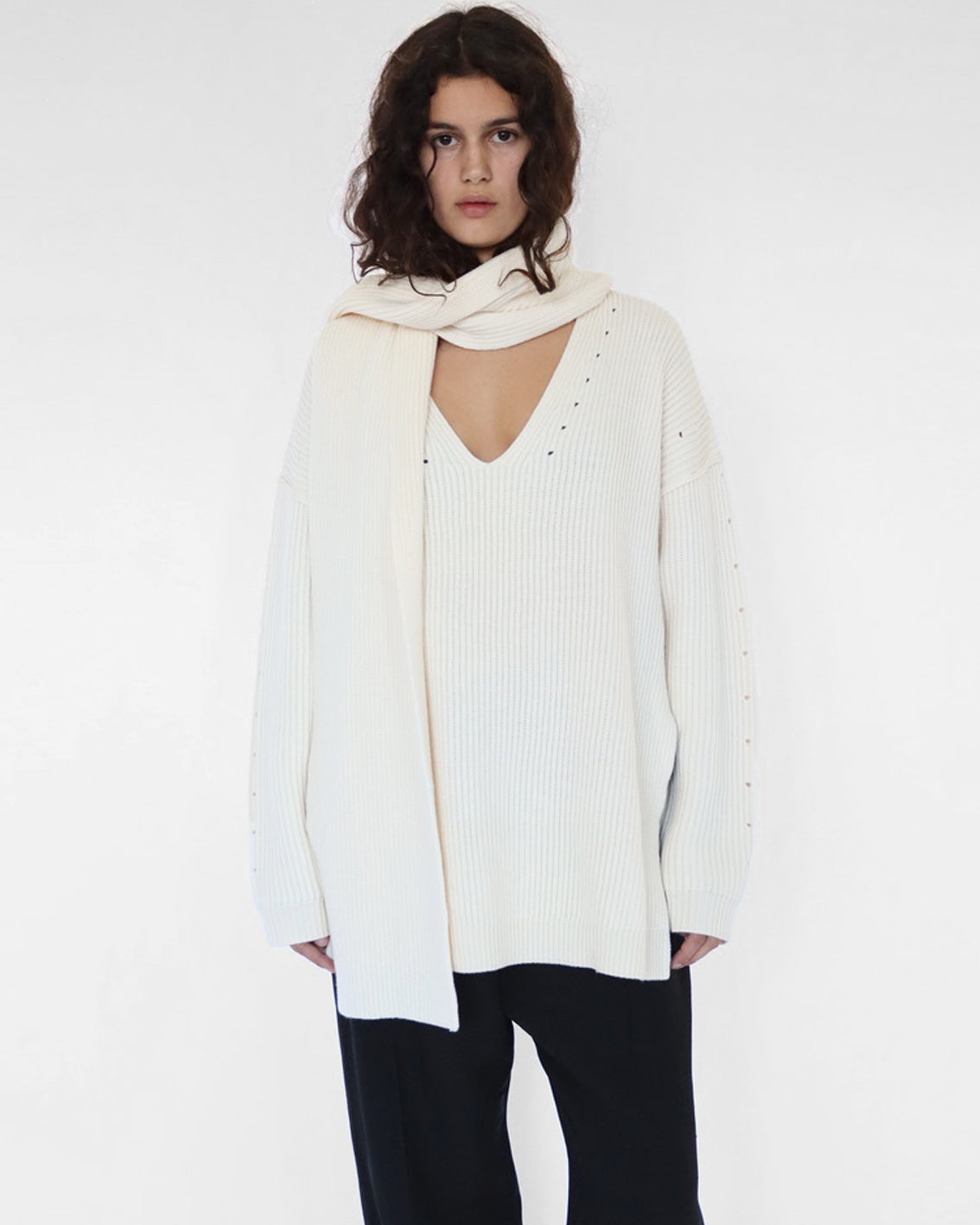 v neck sweater with detachable scarf in cream wool knit