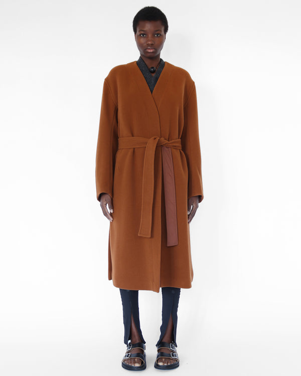 ‘Maselli’ long length belted wrap coat in burnt orange virgin wool