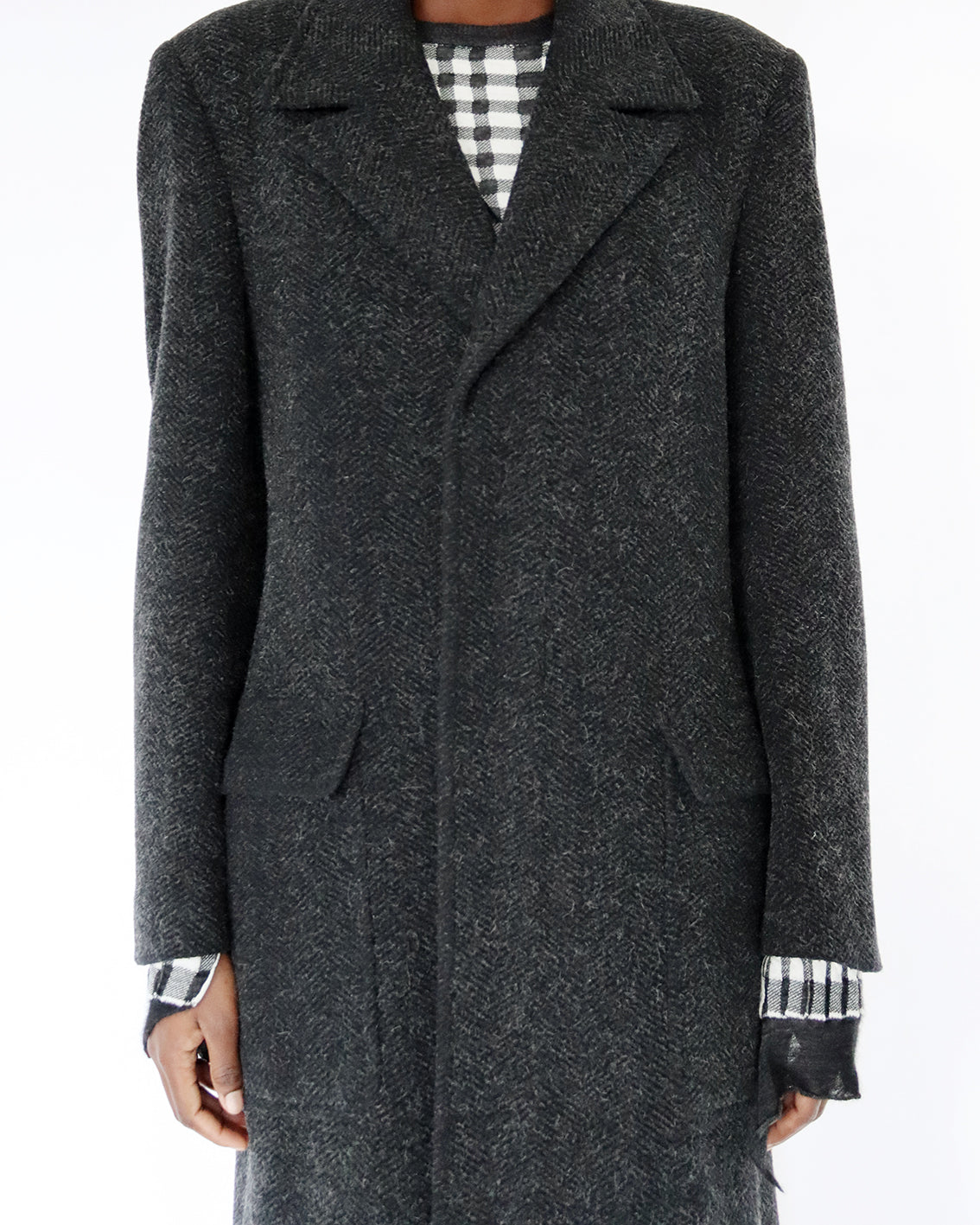 D’URBAN A.A.R. mid length coat in charcoal herringbone wool