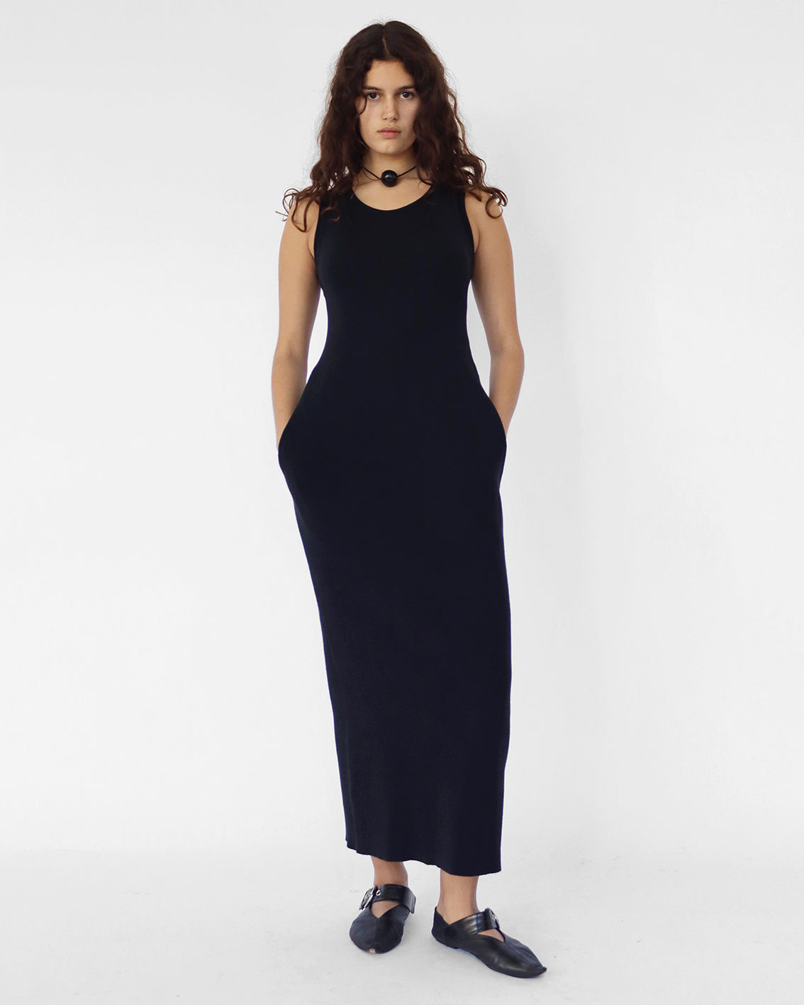 long double layer dress in black knit cotton / viscose