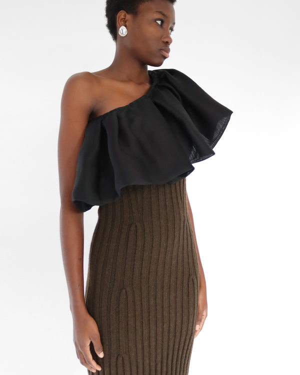 Winter 2011 one shoulder dress in dark green KNIT wool with black silk ruffle