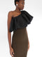 Winter 2011 one shoulder dress in dark green KNIT wool with black silk ruffle