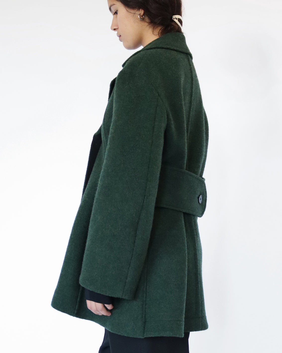 mid length coat in marled green fleece wool