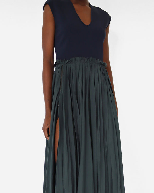 S/S 2011 Long Dress blue jersey and deep green pleated silk