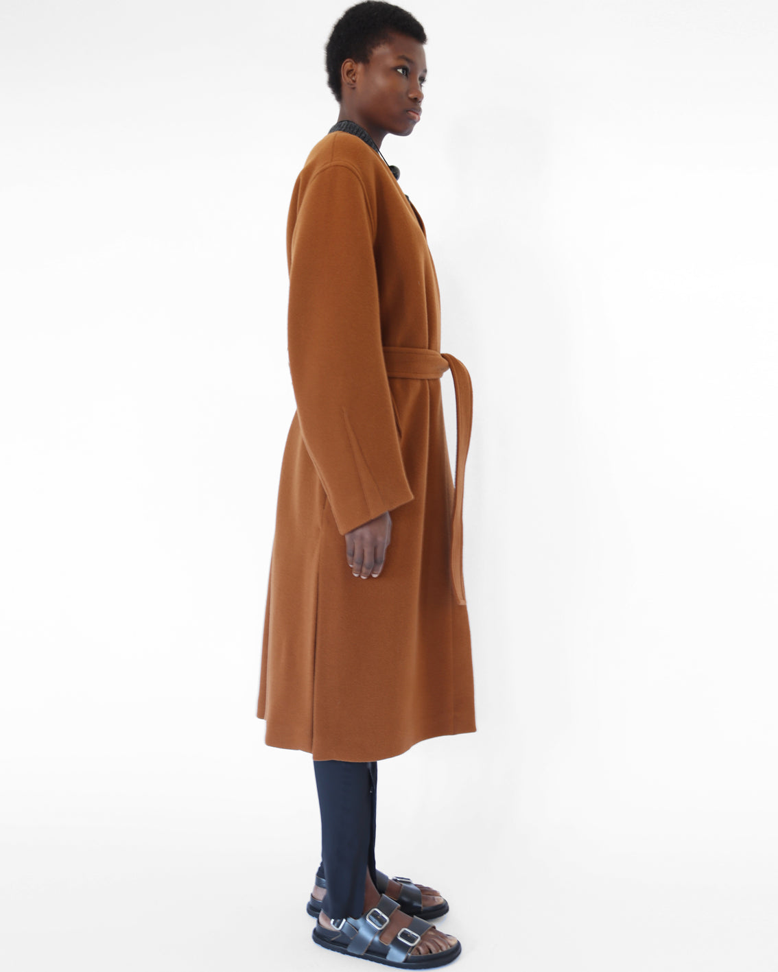 ‘Maselli’ long length belted wrap coat in burnt orange virgin wool