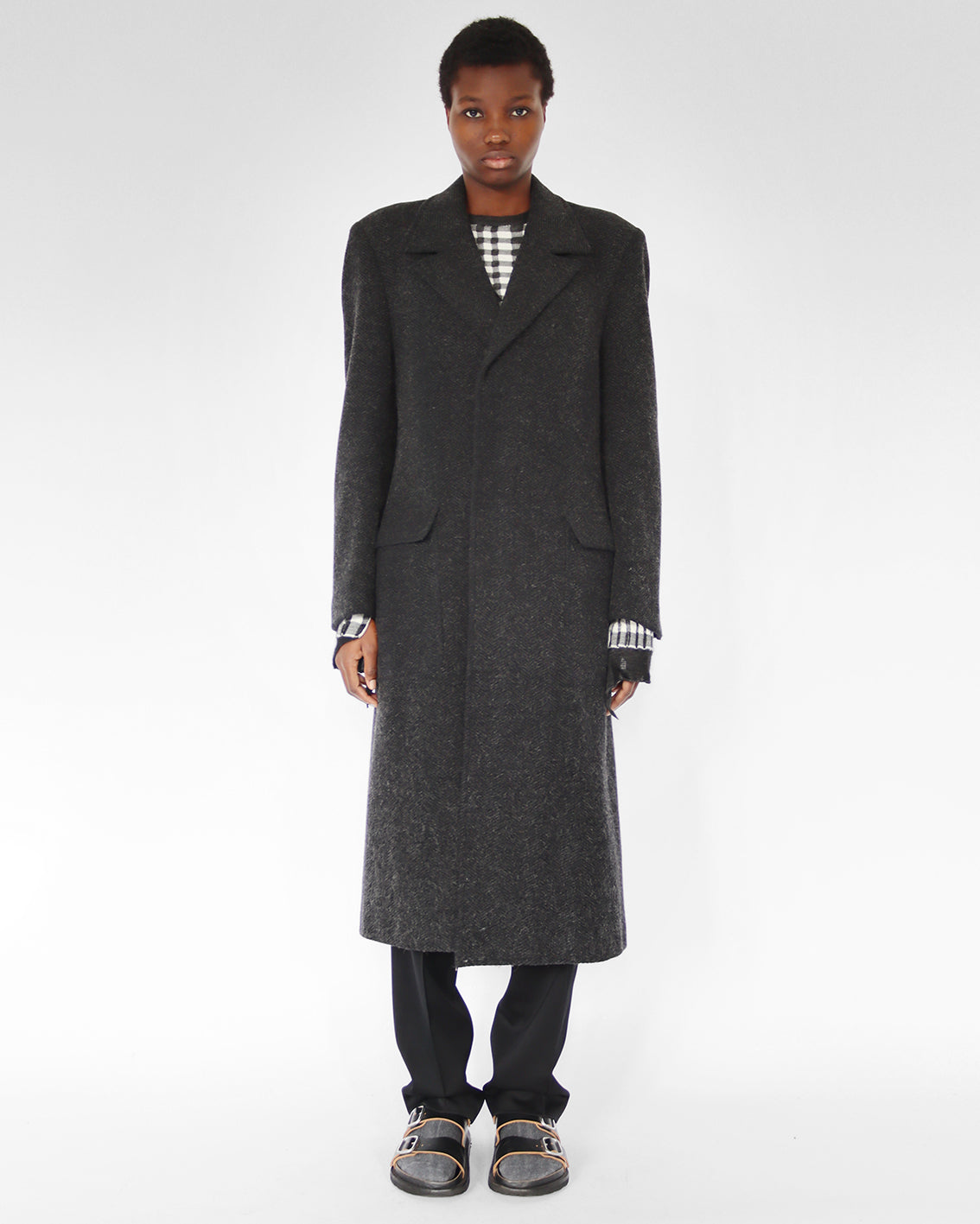 D’URBAN A.A.R. mid length coat in charcoal herringbone wool