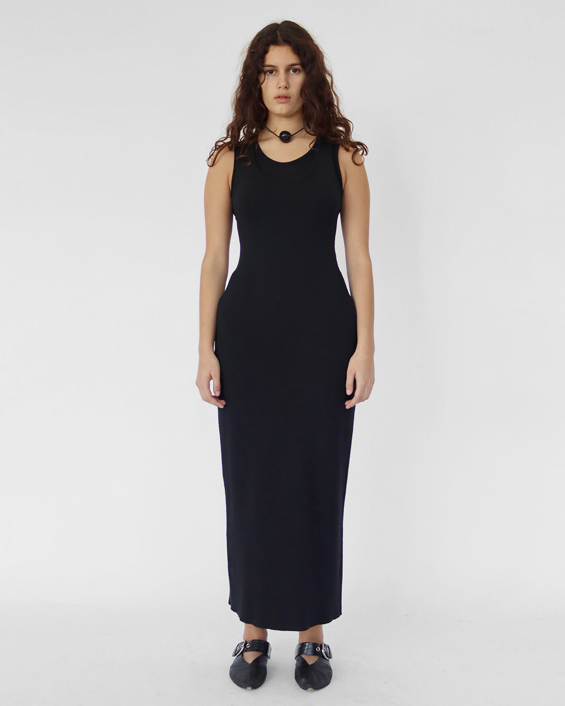 long double layer dress in black knit cotton / viscose