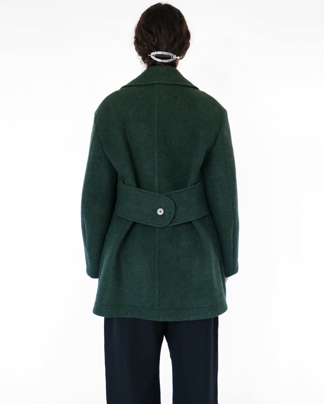 mid length coat in marled green fleece wool