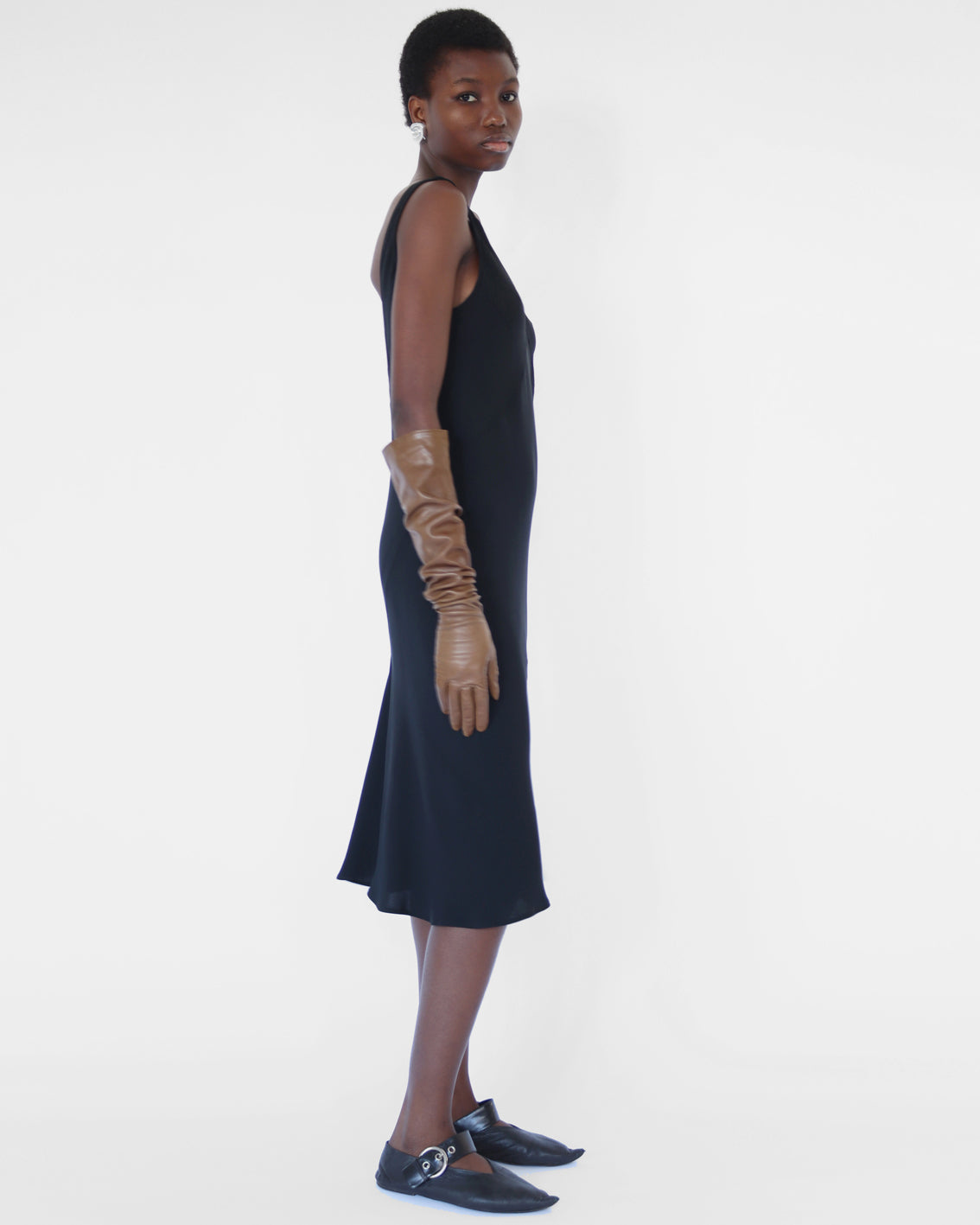 bias cut black dress in black silk