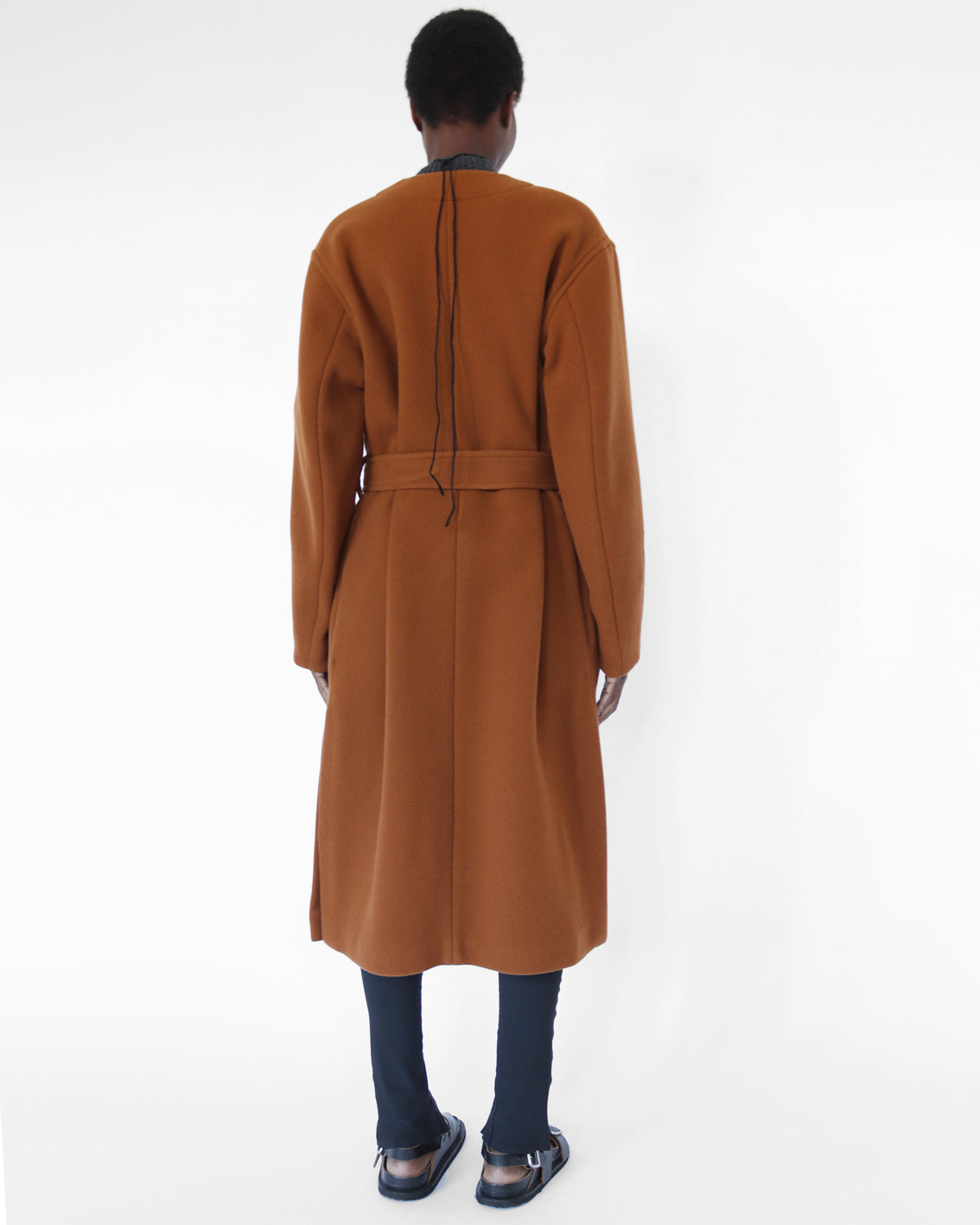 ‘Maselli’ long length belted wrap coat in burnt orange virgin wool