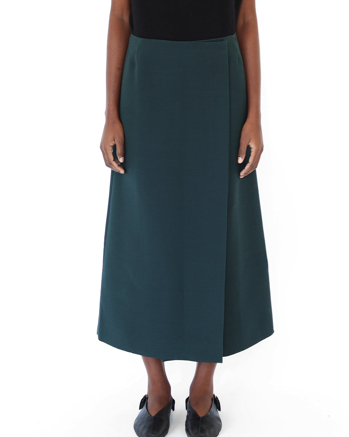 'SAIO' wrap skirt in dark green wool / silk