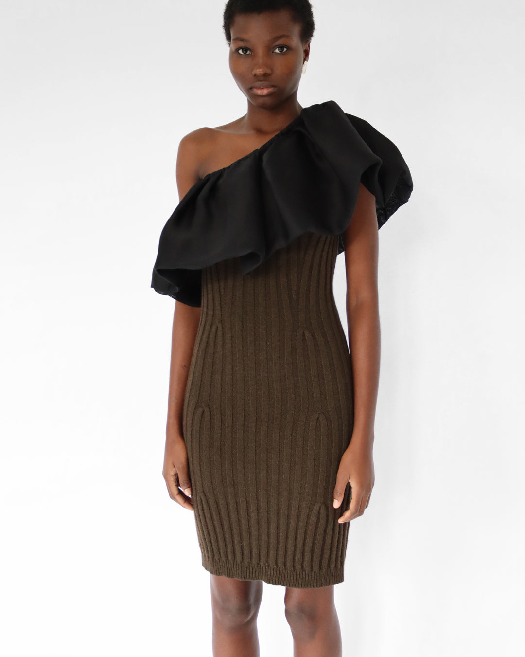 Winter 2011 one shoulder dress in dark green KNIT wool with black silk ruffle