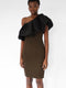 Winter 2011 one shoulder dress in dark green KNIT wool with black silk ruffle