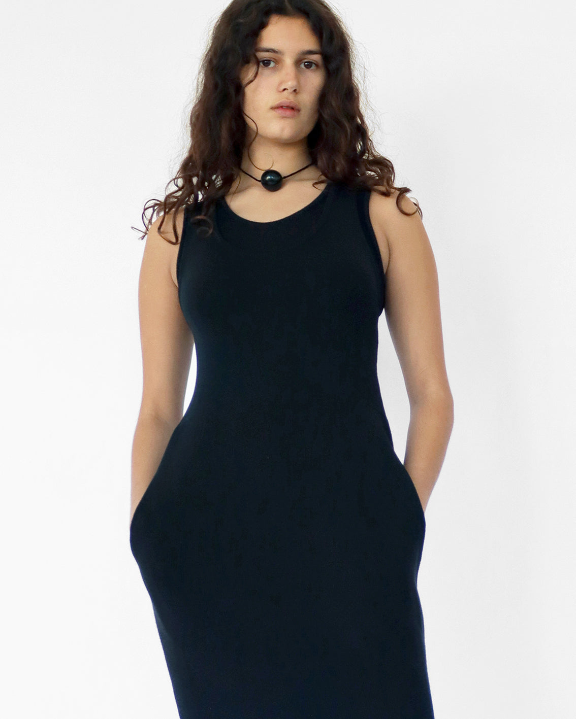 long double layer dress in black knit cotton / viscose