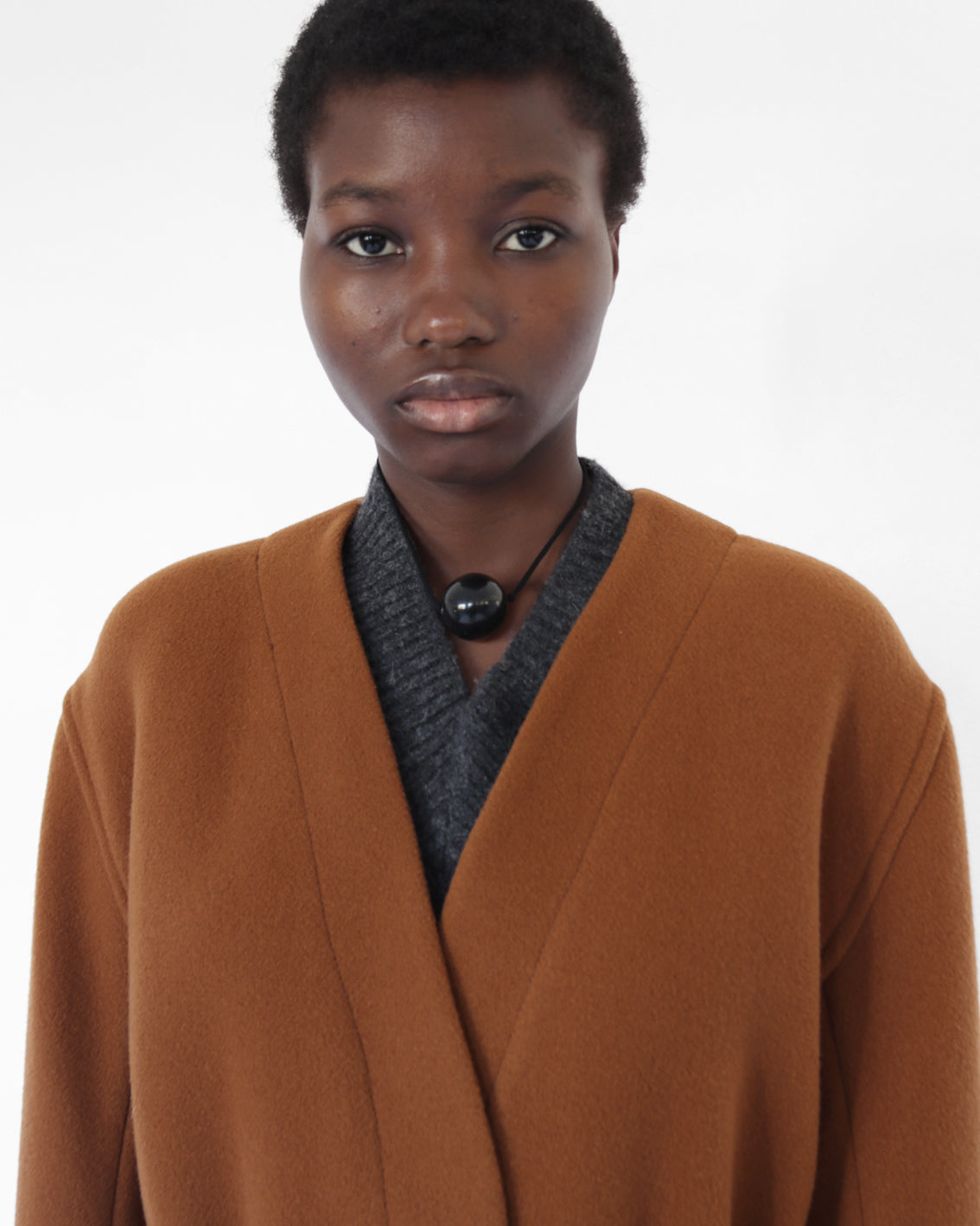 ‘Maselli’ long length belted wrap coat in burnt orange virgin wool