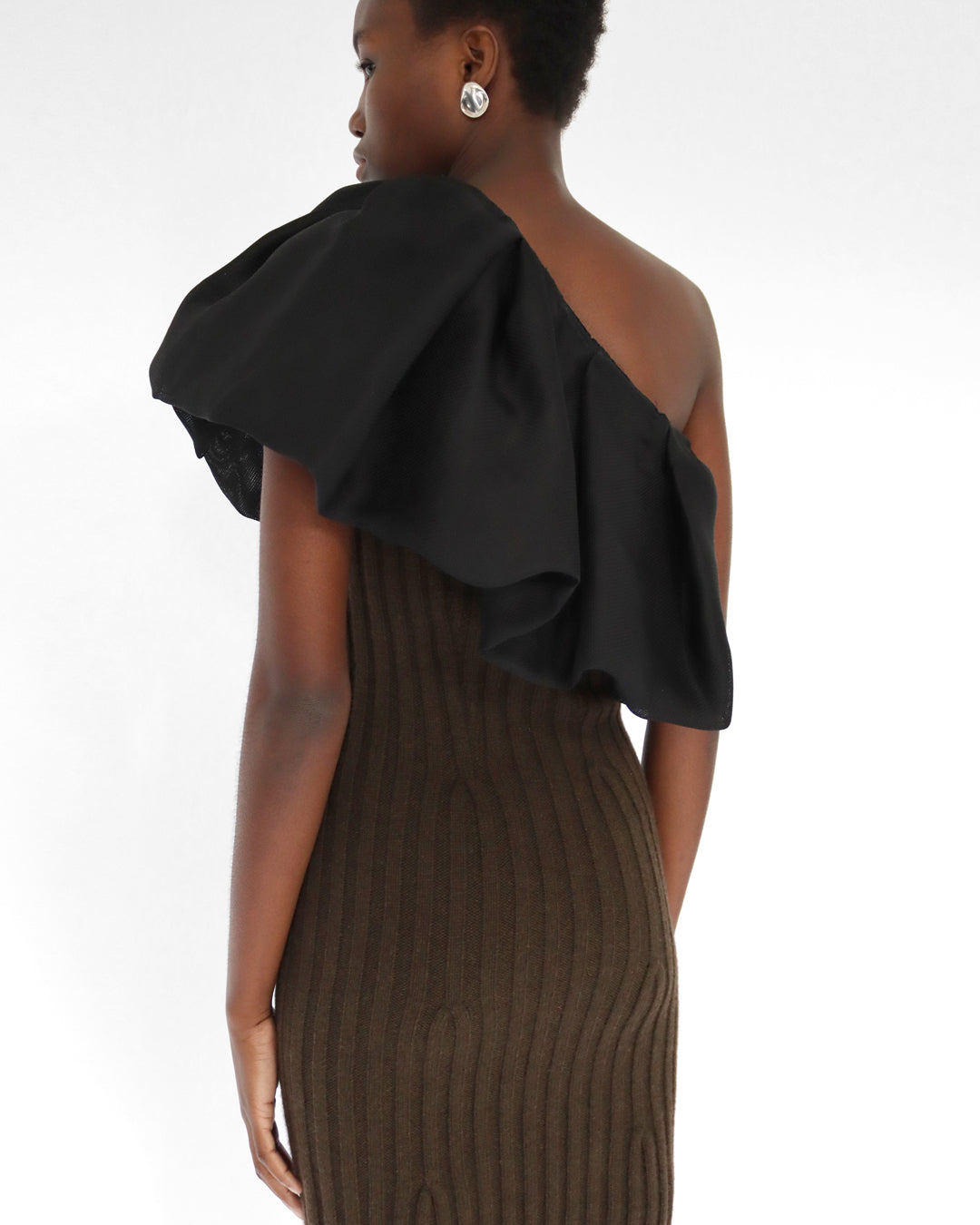 Winter 2011 one shoulder dress in dark green KNIT wool with black silk ruffle