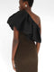 Winter 2011 one shoulder dress in dark green KNIT wool with black silk ruffle