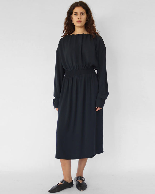 Draped mid length dress with drawstring neckline in navy polyester