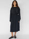 Draped mid length dress with drawstring neckline in navy polyester