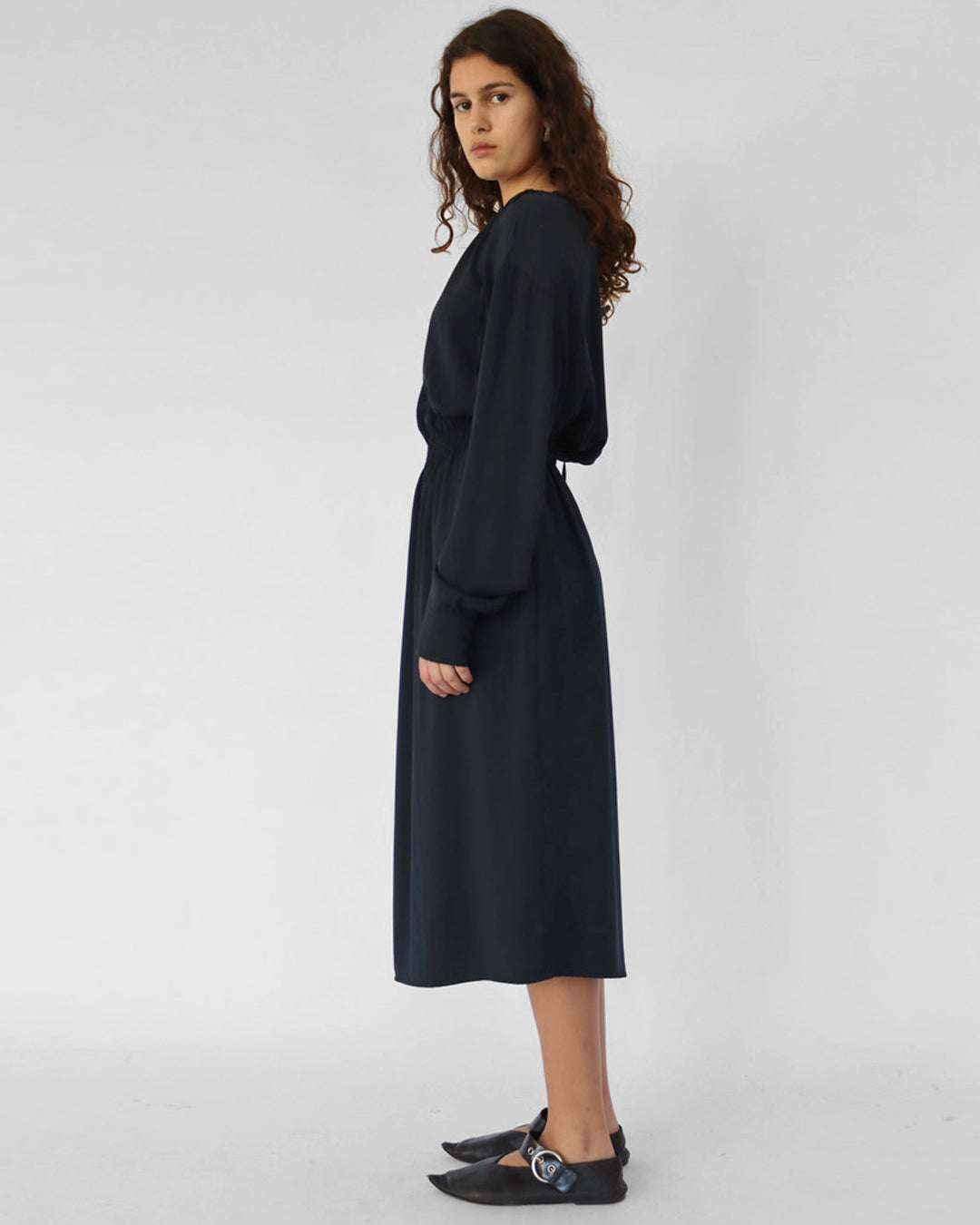 Draped mid length dress with drawstring neckline in navy polyester