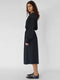 Draped mid length dress with drawstring neckline in navy polyester