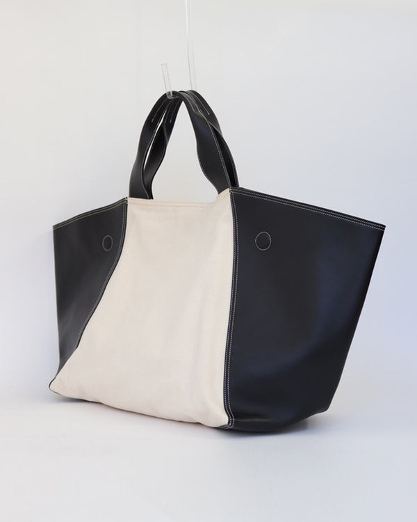 A/W 2018 BIG BAG TOTE IN BLACK LEATHER AND ECRU COTTON CANVAS