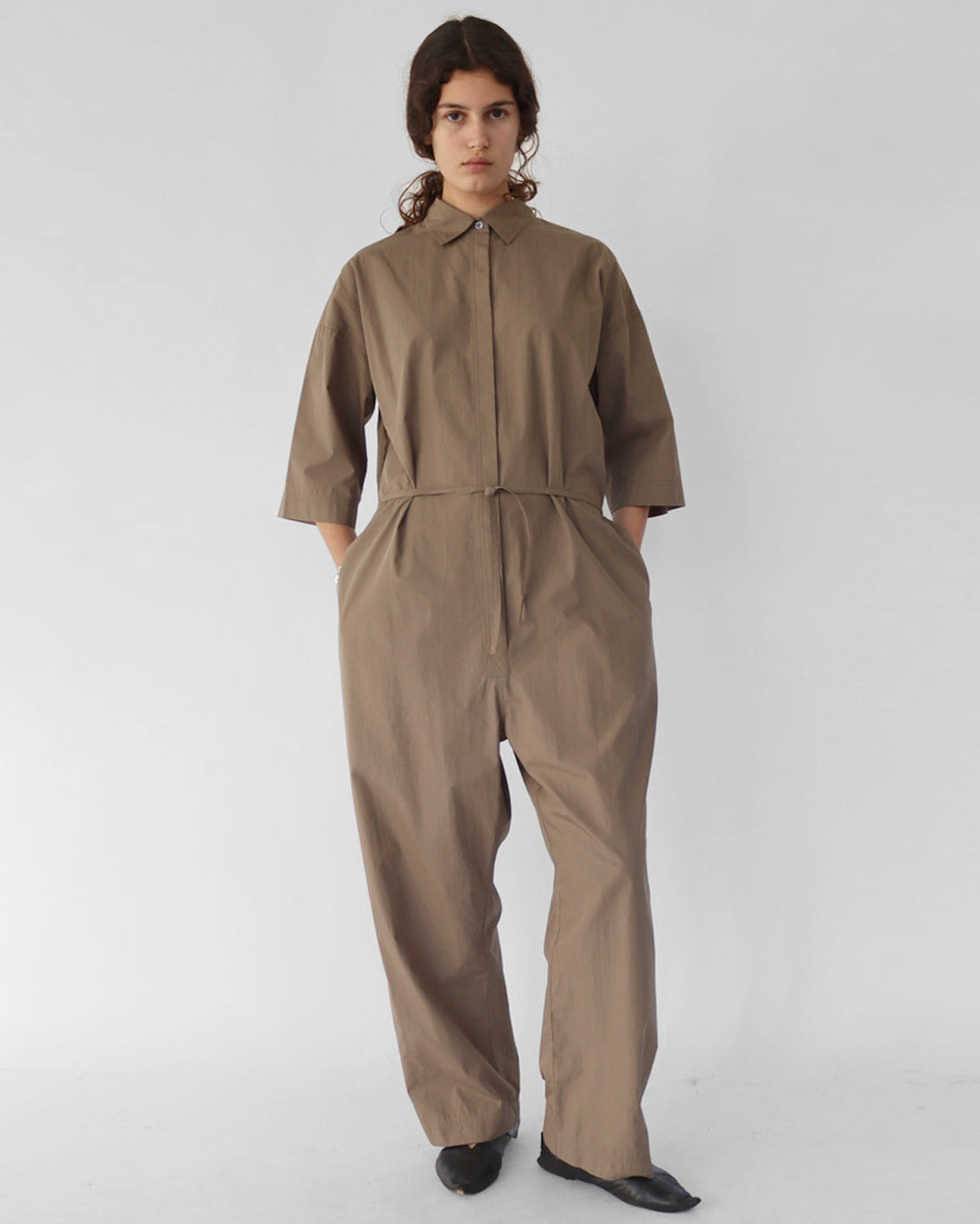 Oversized jumpsuit in taupe brown stretch cotton