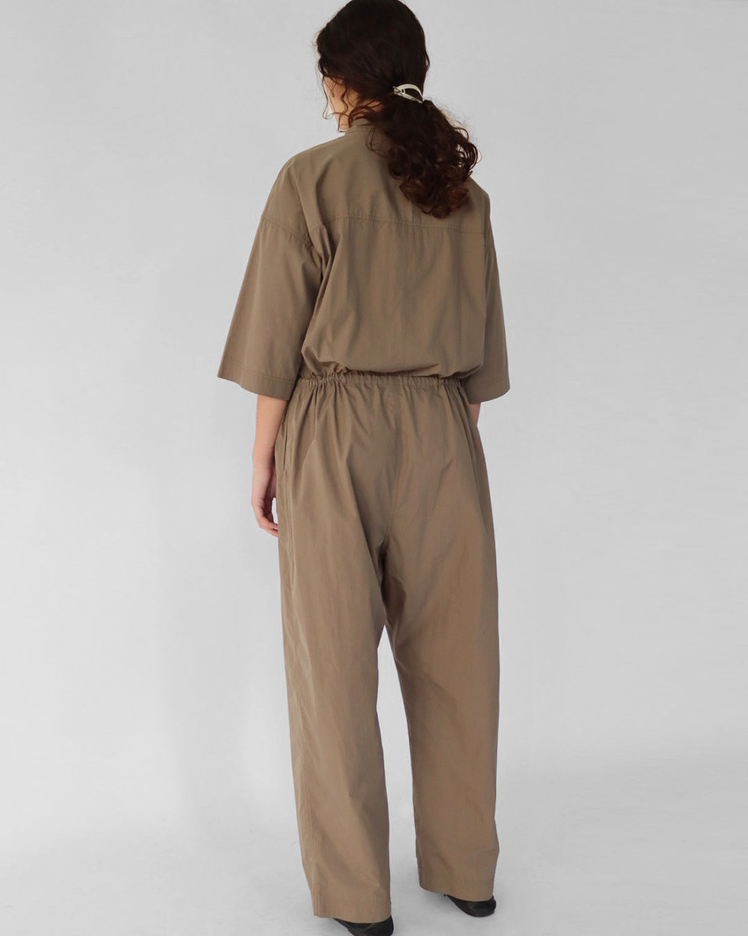 Oversized jumpsuit in taupe brown stretch cotton