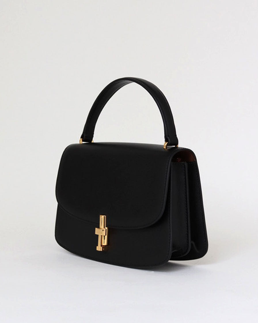 'Sofia 8.75’ in black calf leather with gold hardware