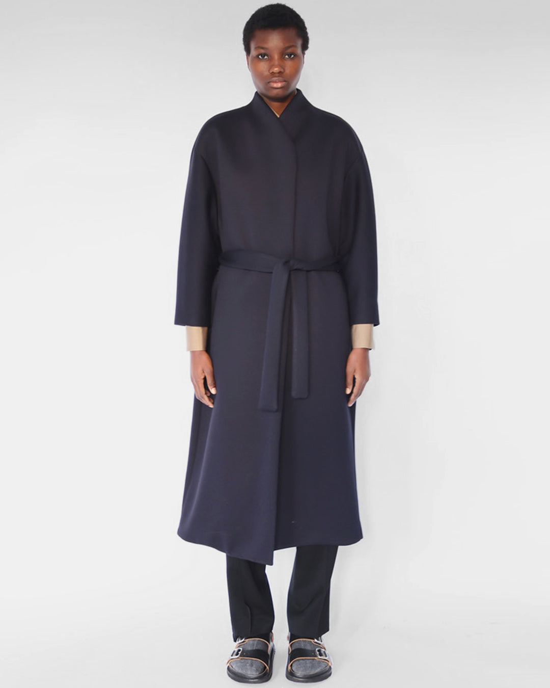 'MAIPH' WRAP COAT IN NAVY NEOPRENE JERSEY