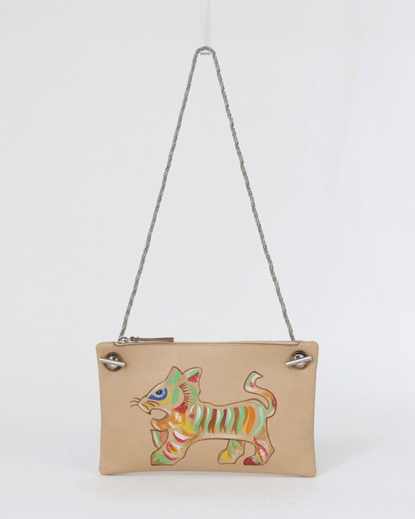 ‘Happy Hour 7’ bag with hand painted tiger in beige leather with chain strap