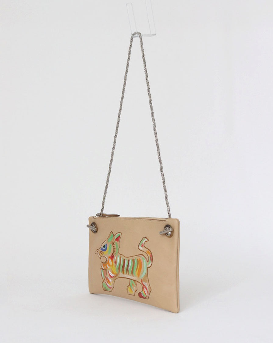 ‘Happy Hour 7’ bag with hand painted tiger in beige leather with chain strap