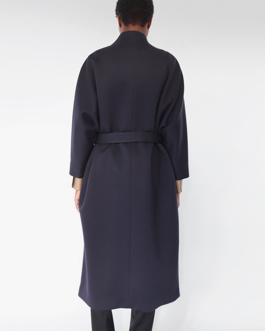 'MAIPH' WRAP COAT IN NAVY NEOPRENE JERSEY