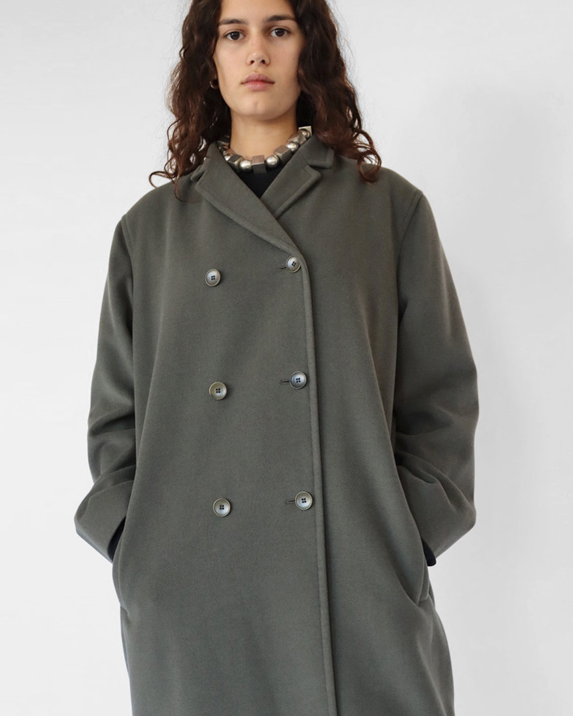 MID LENGTH DOUBLE BREASTED COAT IN GREY GREEN WOOL CASHMERE