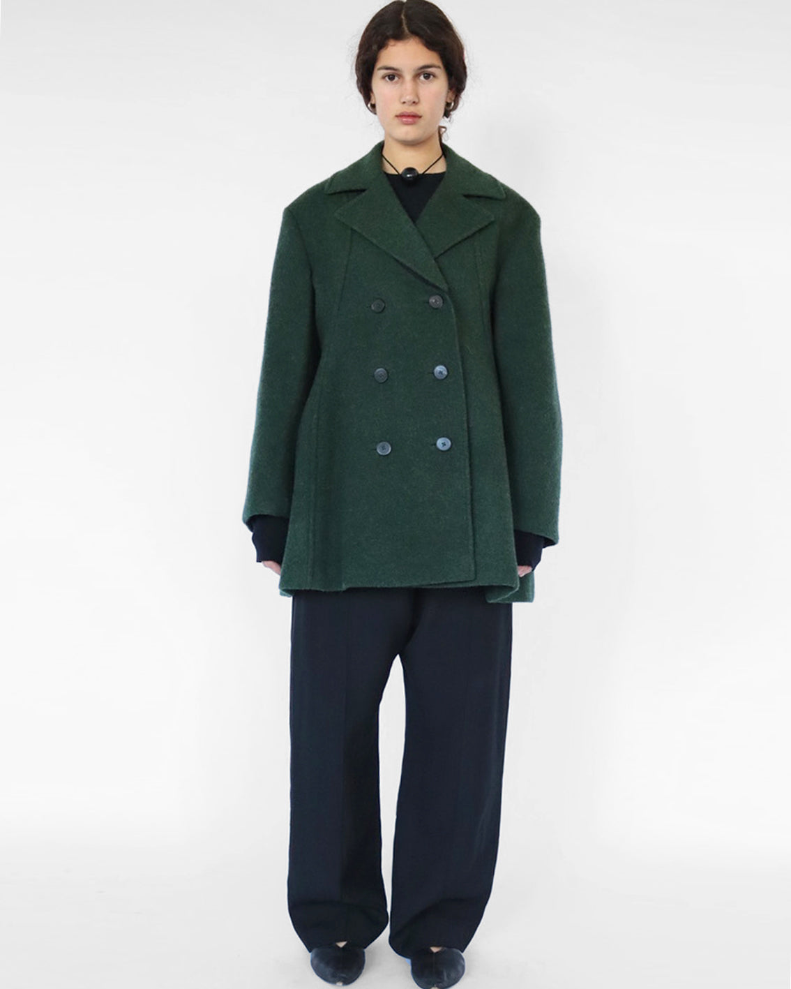 mid length coat in marled green fleece wool